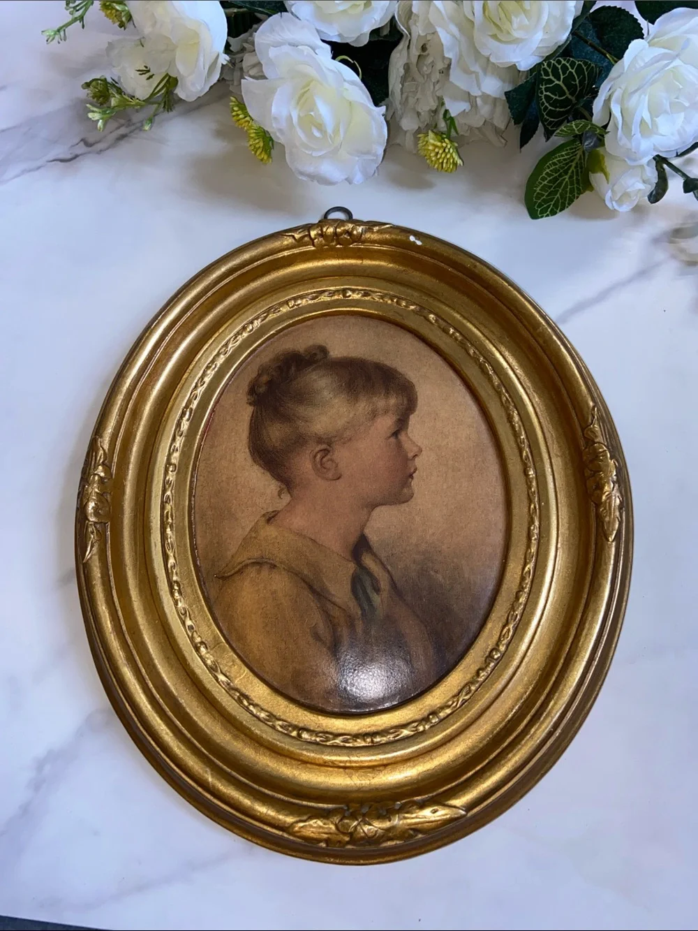 Gold Tone Oval Wall Frame with Vintage Portrait